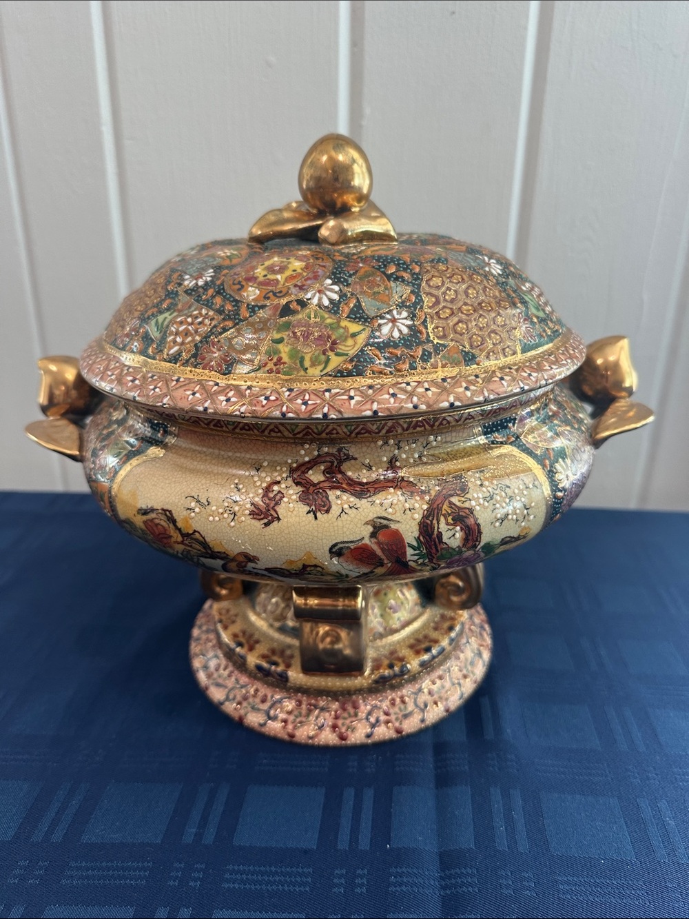 Vintage Satsuma Decorative Gold-Accent Lidded Urn with Floral Motif